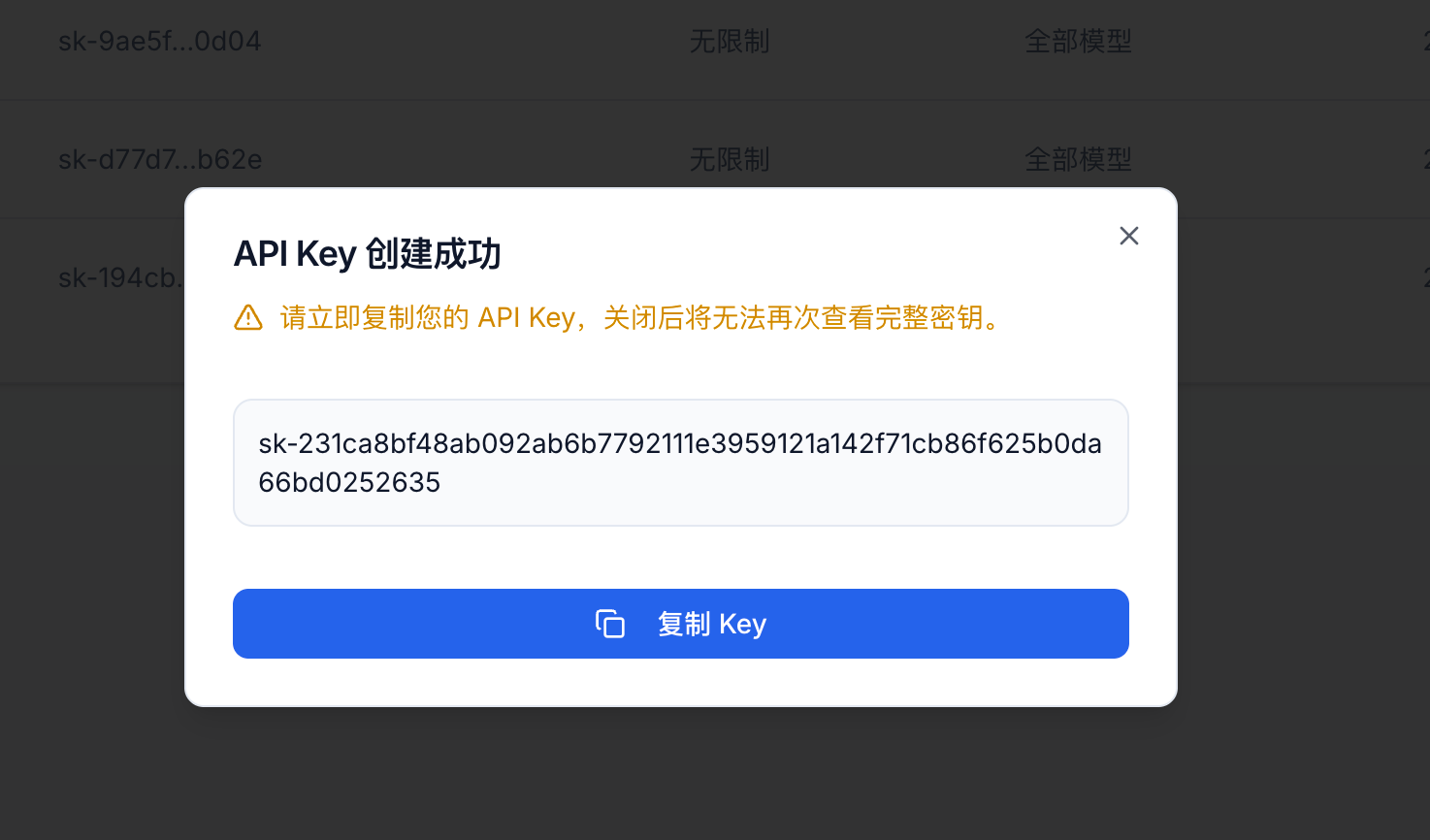 复制 API Key